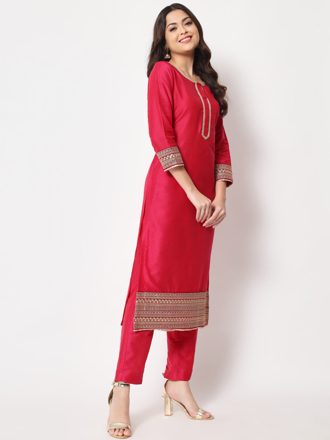 Women's Traditional Bridal Pink Embroidered Straight Kurti With Pants