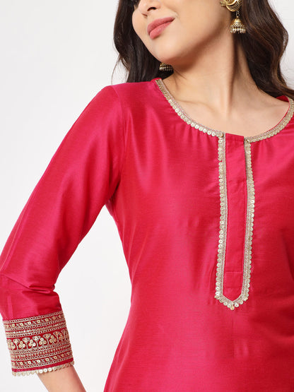 Women's Traditional Bridal Pink Embroidered Straight Kurti With Pants