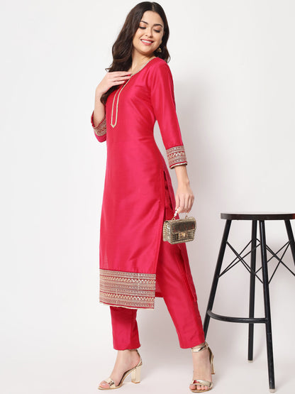 Women's Traditional Bridal Pink Embroidered Straight Kurti With Pants