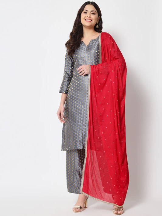 Women's Sahiba Gray Brocade With Straight Palazzo And Dupatta