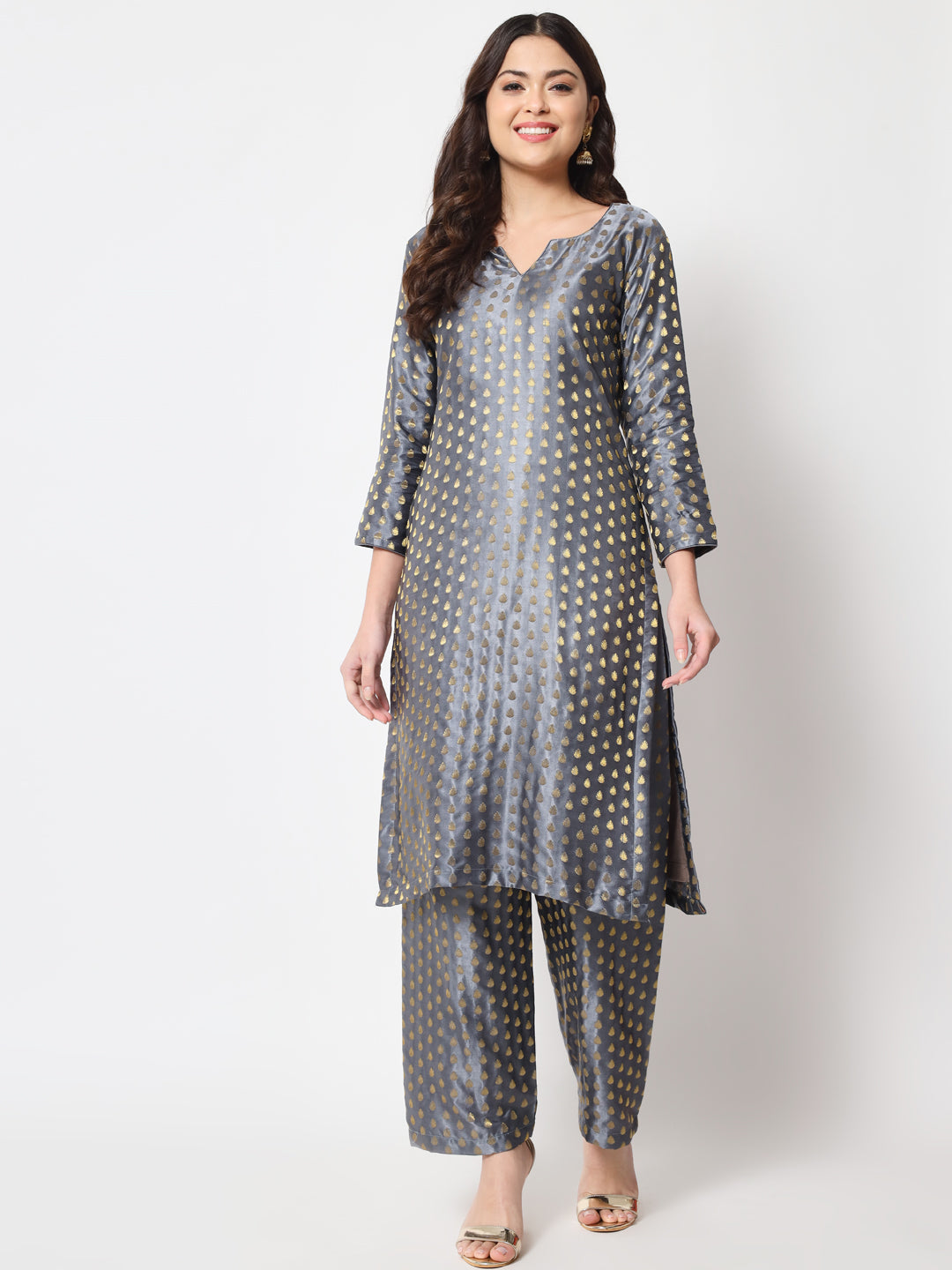 Women's Sahiba Gray Brocade With Straight Palazzo