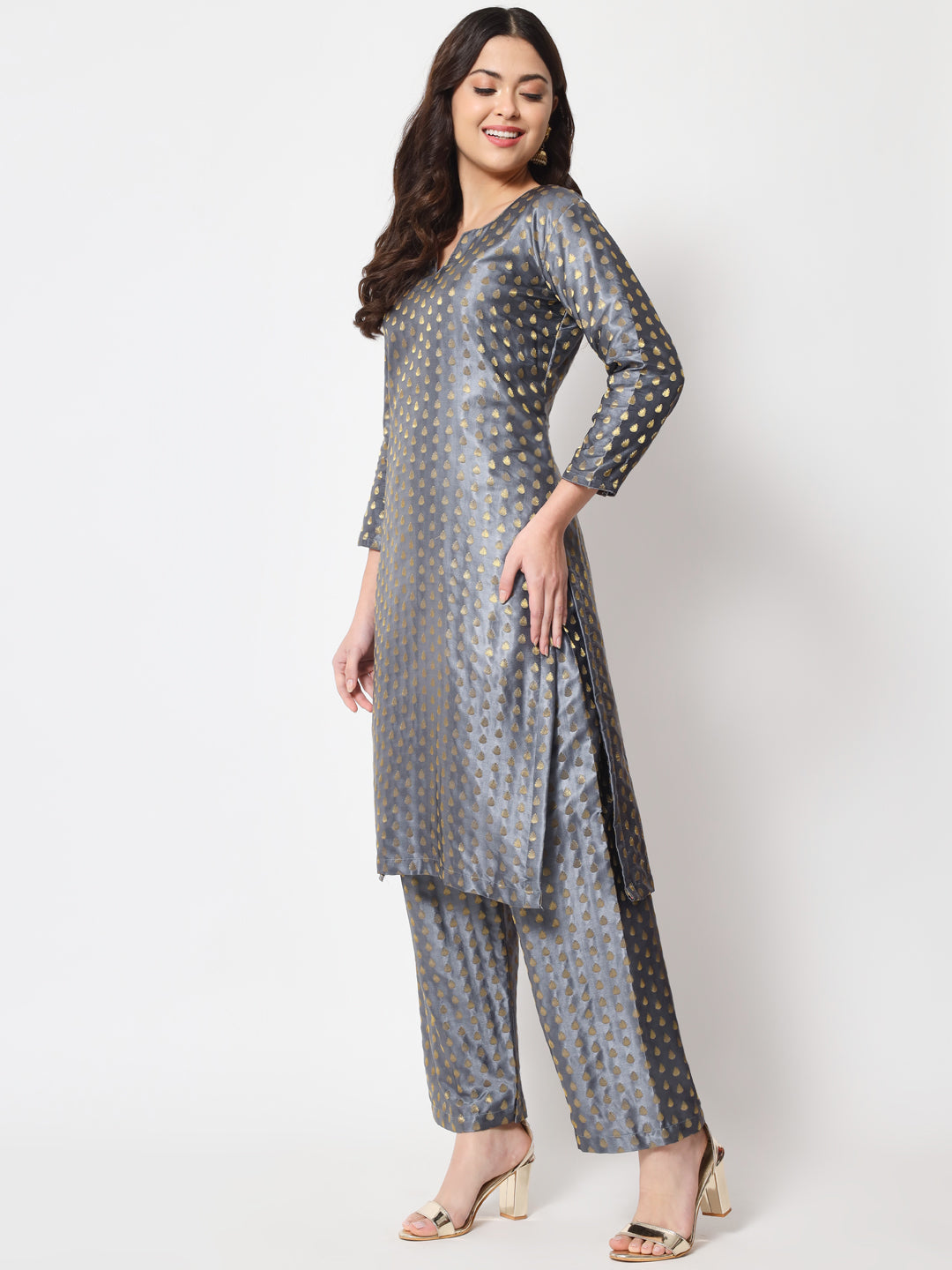 Women's Sahiba Gray Brocade With Straight Palazzo