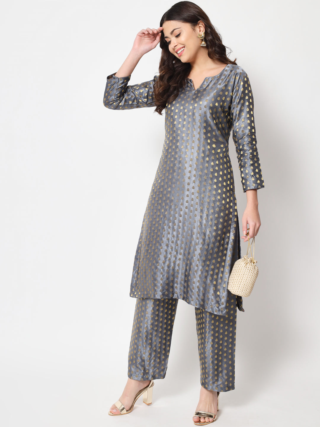 Women's Sahiba Gray Brocade With Straight Palazzo