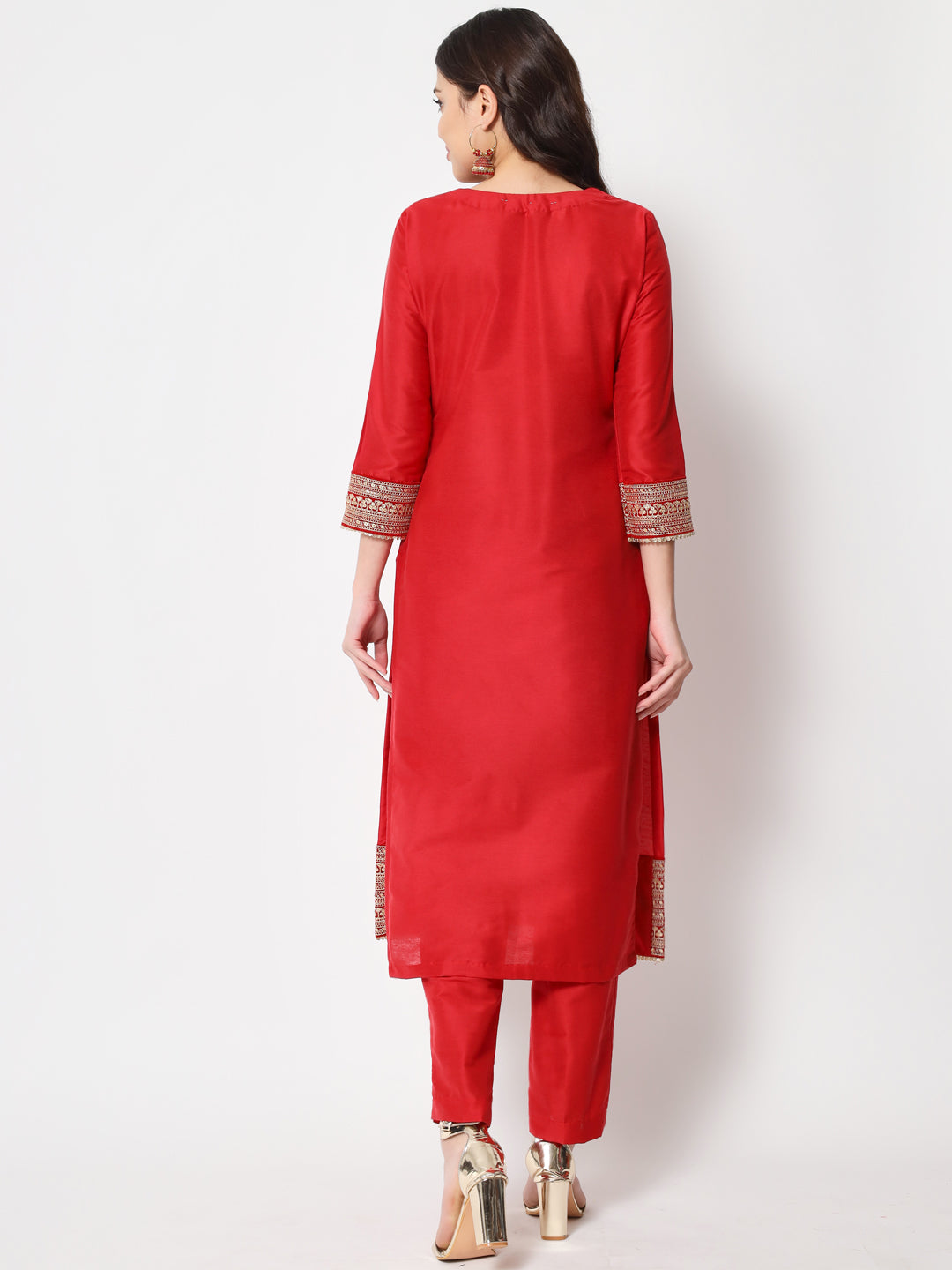 Women's Traditional Bridal Red Embroidered Straight Kurti With Pants