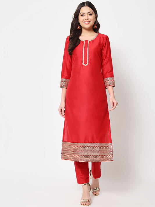 Women's Traditional Bridal Red Embroidered Straight Kurti With Pants