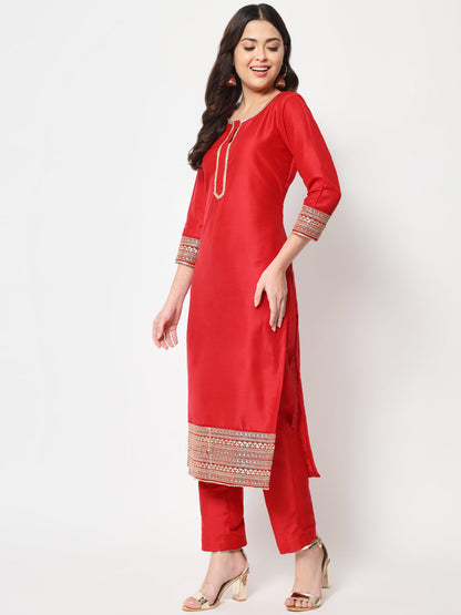 Women's Traditional Bridal Red Embroidered Straight Kurti With Pants