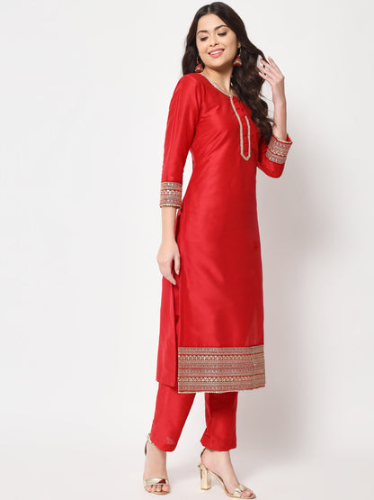 Women's Traditional Bridal Red Embroidered Straight Kurti With Pants