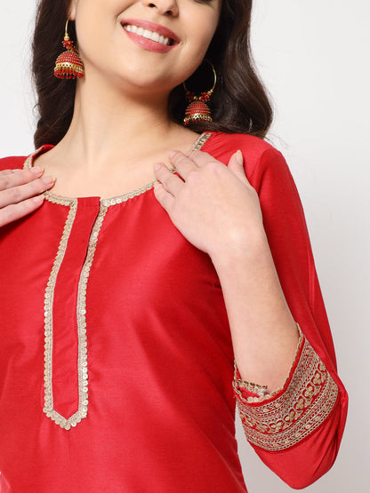 Women's Traditional Bridal Red Embroidered Straight Kurti With Pants