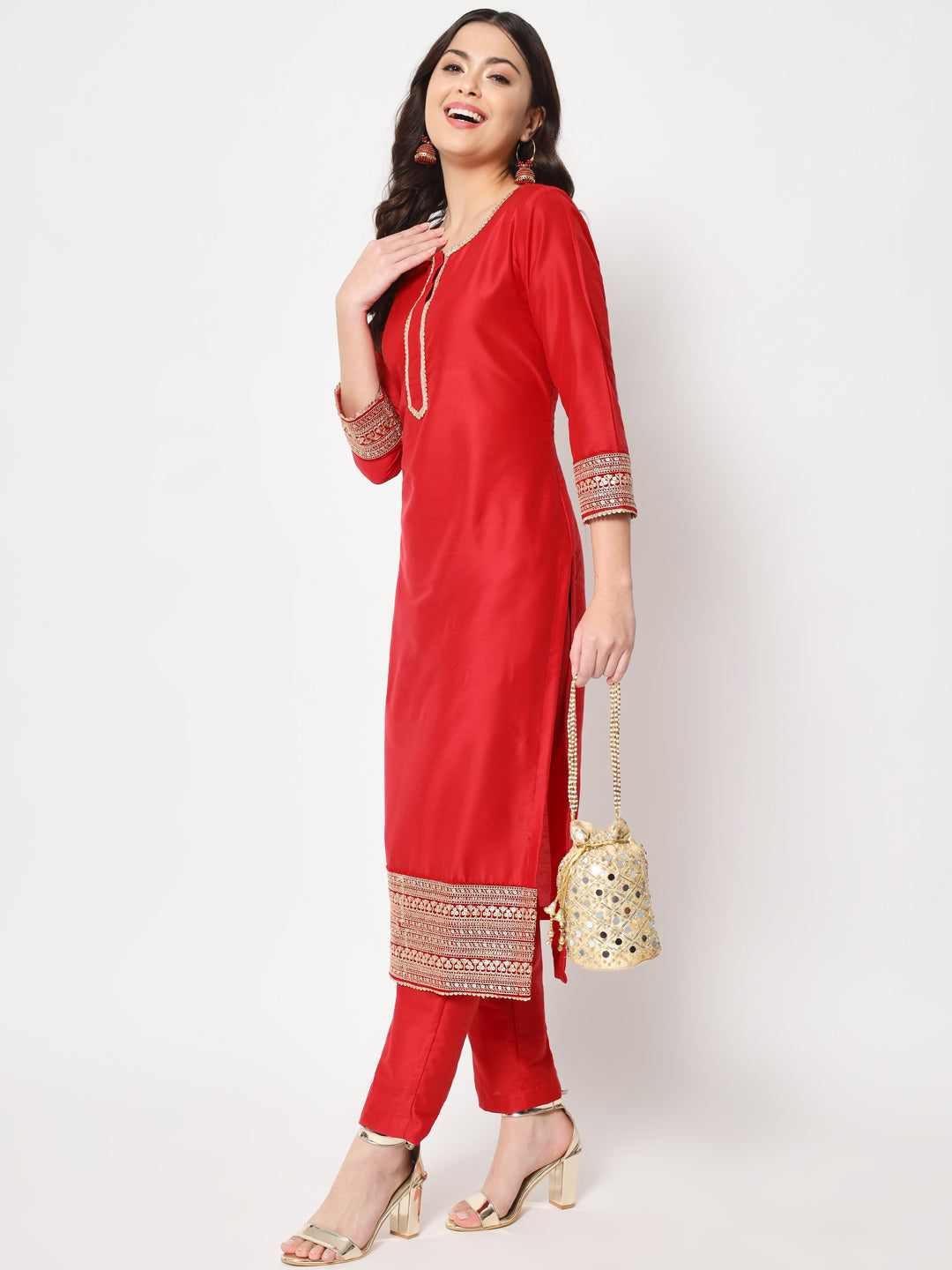 Women's Traditional Bridal Red Embroidered Straight Kurti With Pants