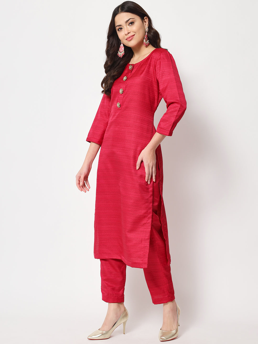 Women's Pink Kundan Silk Kurti With Straight Pants