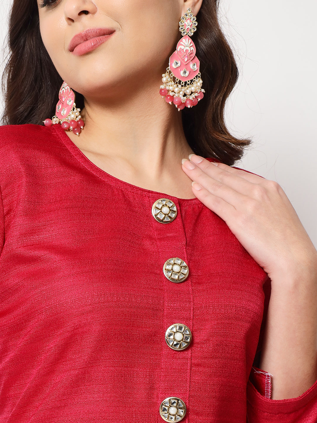 Women's Pink Kundan Silk Kurti With Straight Pants