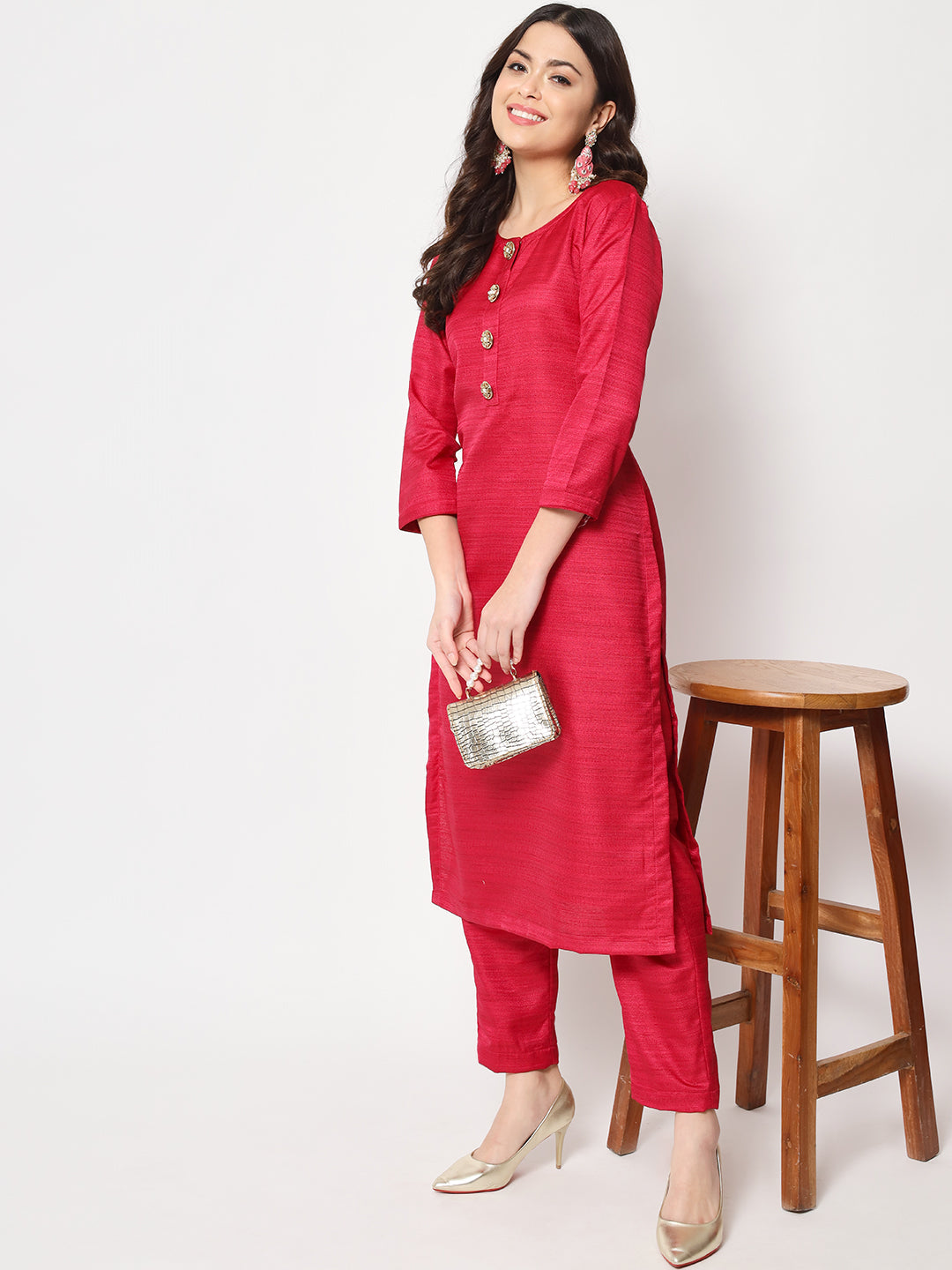 Women's Pink Kundan Silk Kurti With Straight Pants