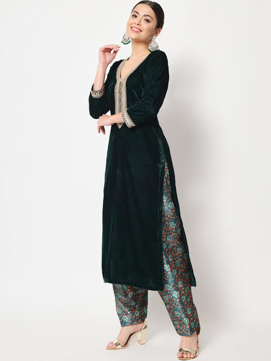 Women's Sweet Green Velvet Straight Kurti With Printed Salwar