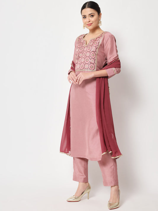 Women's Simple Mauve Sequin Embroidered Kurti With Straight Pants And Dupatta