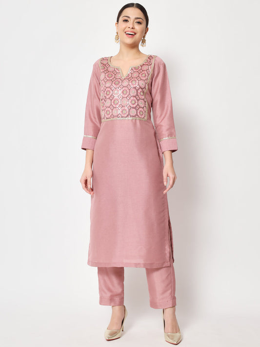 Women's Simple Mauve Sequin Embroidered Kurti With Straight Pants