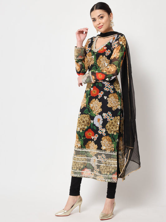 Women's Black Floral Printed Embroidered Kurti With Churidaar And Dupatta