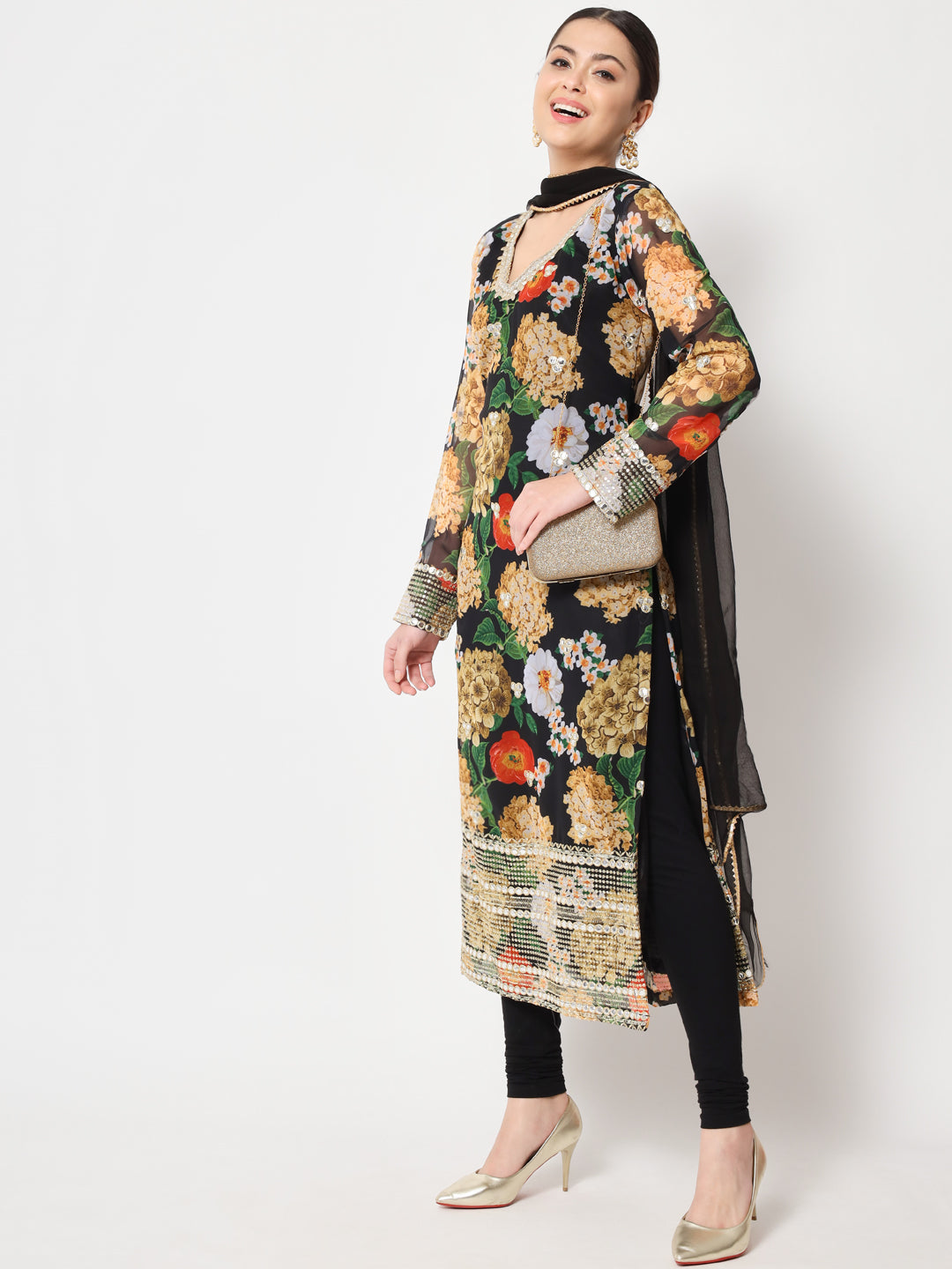 Women's Black Floral Printed Embroidered Kurti With Churidaar And Dupatta