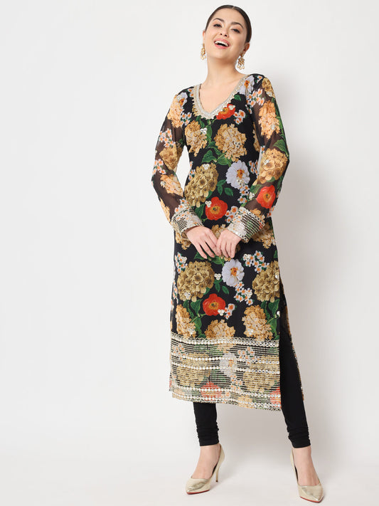 Women's Black Floral Printed Embroidered Kurti With Churidaar