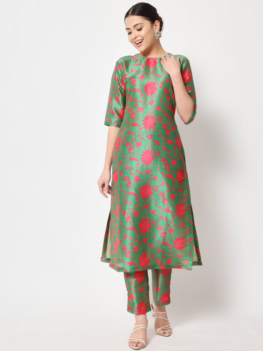 Women's Green Pink Printed Straight Kurti With Pants