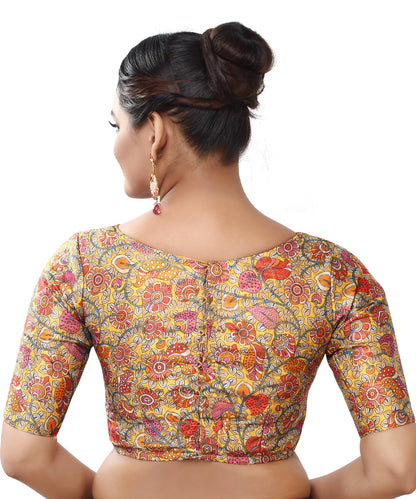 Women's Polyester Brocade Digital Print Elbow Length Sleeves Readymade Saree Blouse