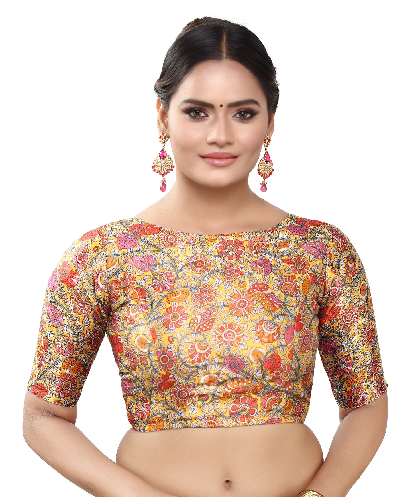 Women's Polyester Brocade Digital Print Elbow Length Sleeves Readymade Saree Blouse