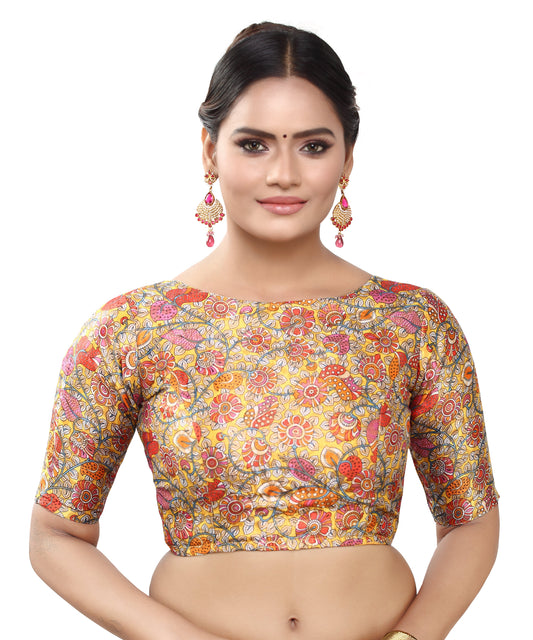 Women's Polyester Brocade Digital Print Elbow Length Sleeves Readymade Saree Blouse