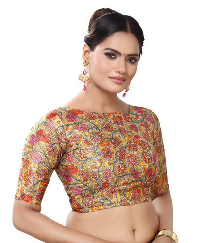 Women's Polyester Brocade Digital Print Elbow Length Sleeves Readymade Saree Blouse