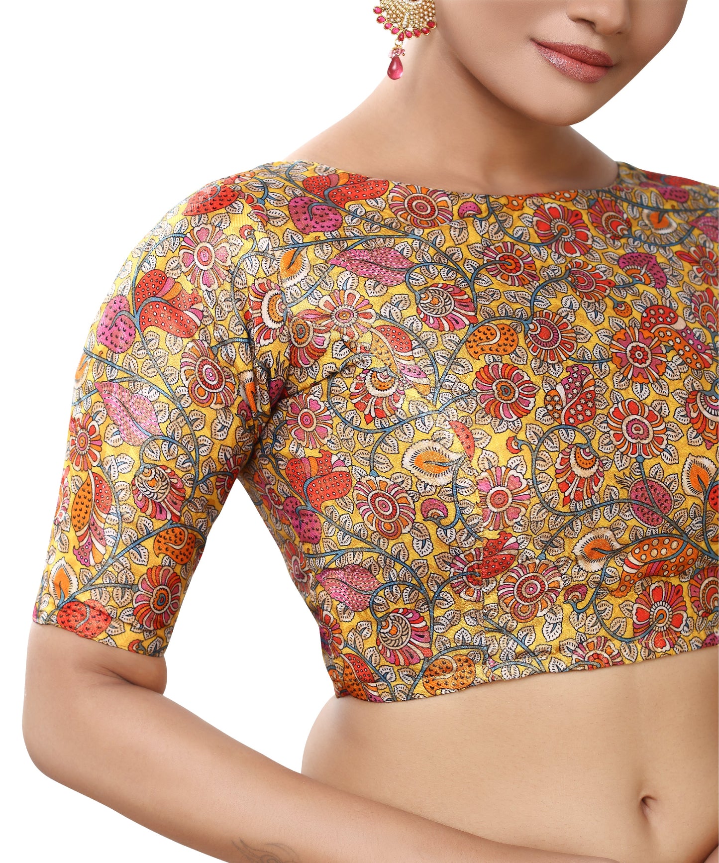 Women's Polyester Brocade Digital Print Elbow Length Sleeves Readymade Saree Blouse