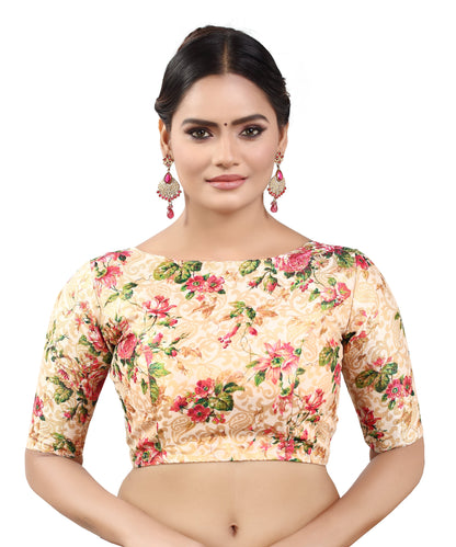 Women's Polyester Brocade Digital Print Elbow Length Sleeves Readymade Saree Blouse