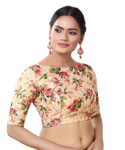 Women's Polyester Brocade Digital Print Elbow Length Sleeves Readymade Saree Blouse