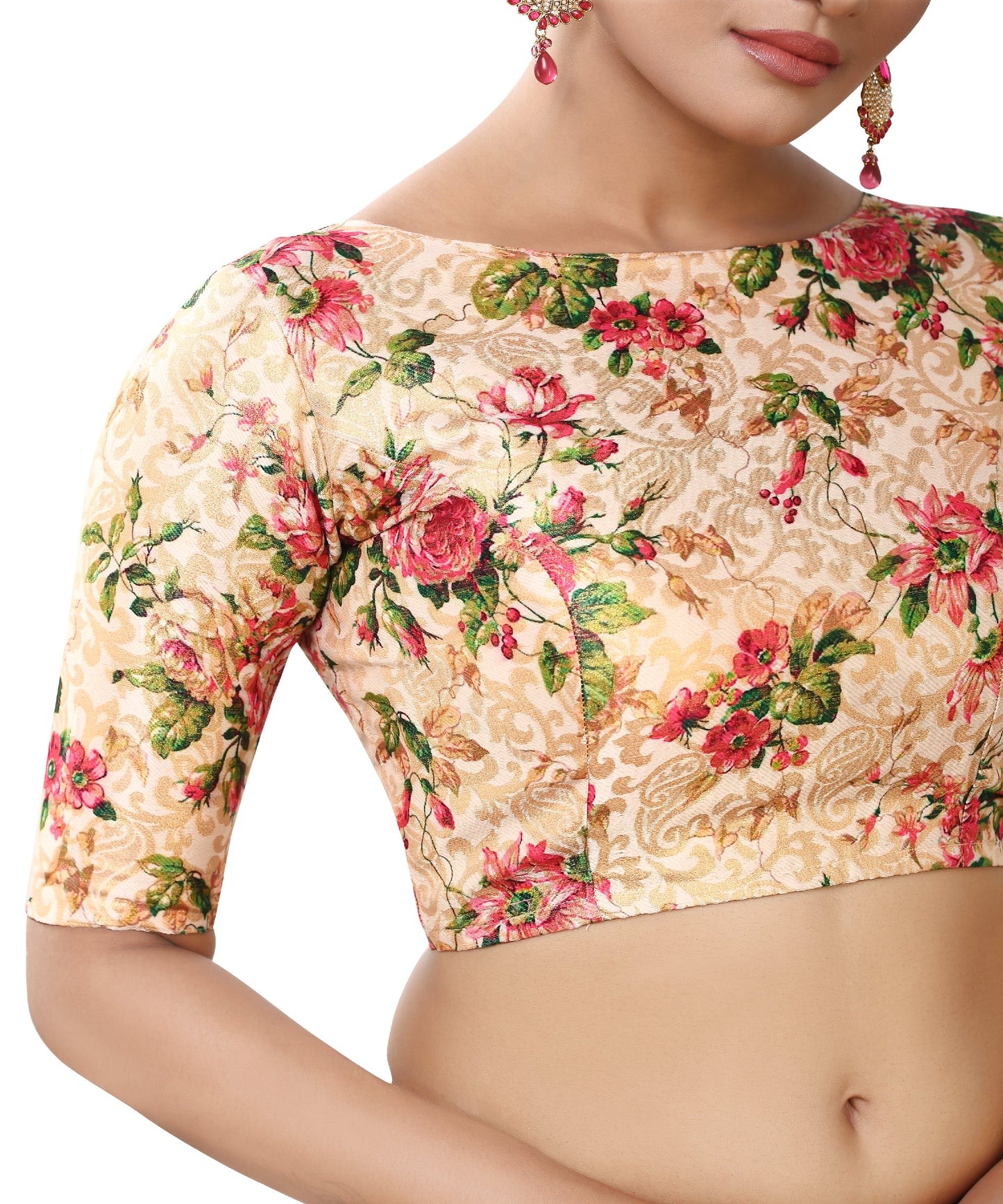 Women's Polyester Brocade Digital Print Elbow Length Sleeves Readymade Saree Blouse