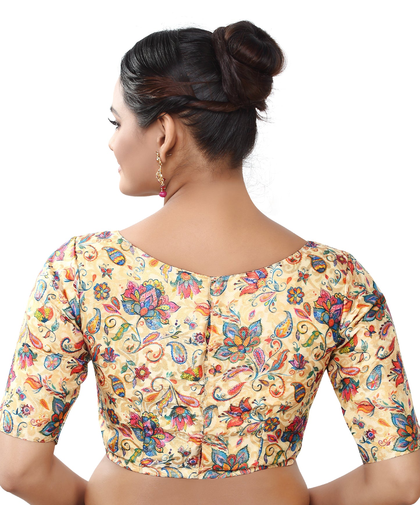 Women's Polyester Brocade Digital Floral Print Elbow Length Sleeves Readymade Saree Blouse