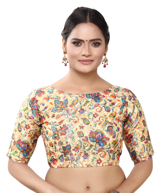 Women's Polyester Brocade Digital Floral Print Elbow Length Sleeves Readymade Saree Blouse