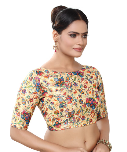 Women's Polyester Brocade Digital Floral Print Elbow Length Sleeves Readymade Saree Blouse