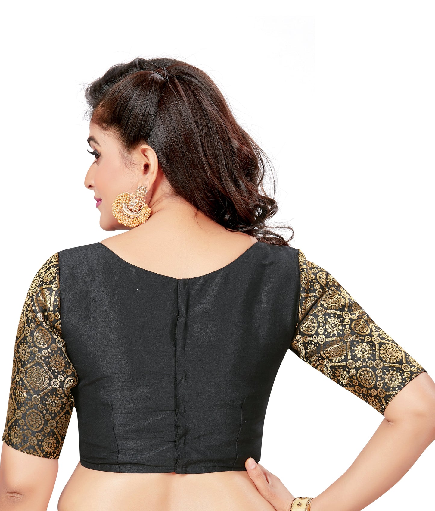 Women's Solid Pattern Womens Readymade Saree Blouse With Elbow Length Brocade Sleeves