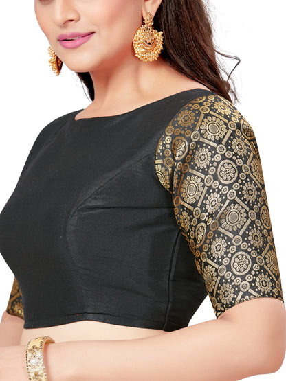 Women's Solid Pattern Womens Readymade Saree Blouse With Elbow Length Brocade Sleeves