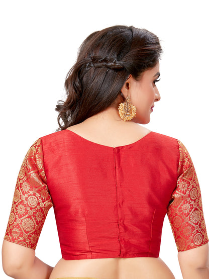 Women's Solid Pattern Womens Readymade Saree Blouse With Elbow Length Brocade Sleeves