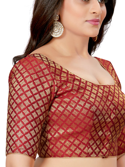 Women's Polyester Brocade Readymade Saree Blouse With Elbow Length Sleeves