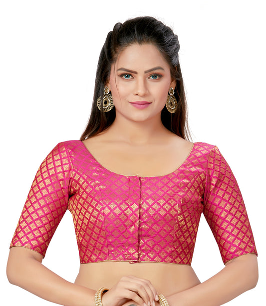 Women's Polyester Brocade Readymade Saree Blouse With Elbow Length Sleeves