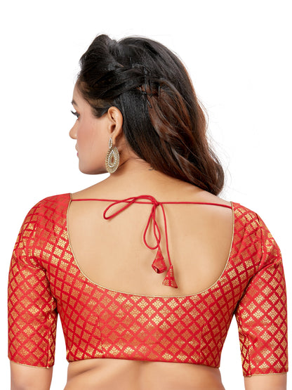 Women's Polyester Brocade Readymade Saree Blouse With Elbow Length Sleeves