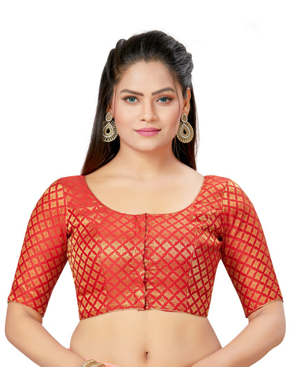 Women's Polyester Brocade Readymade Saree Blouse With Elbow Length Sleeves