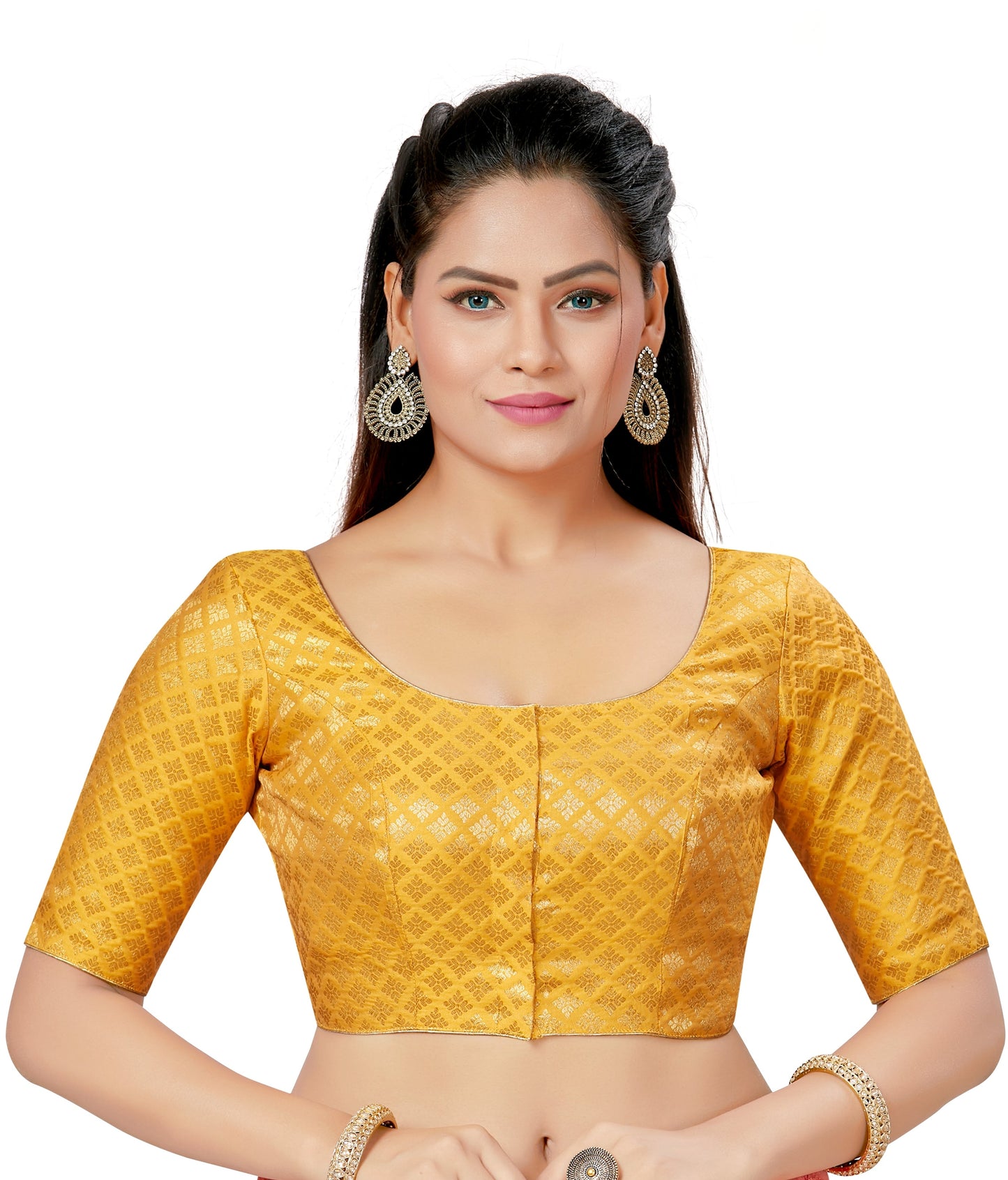 Women's Polyester Brocade Readymade Saree Blouse With Elbow Length Sleeves