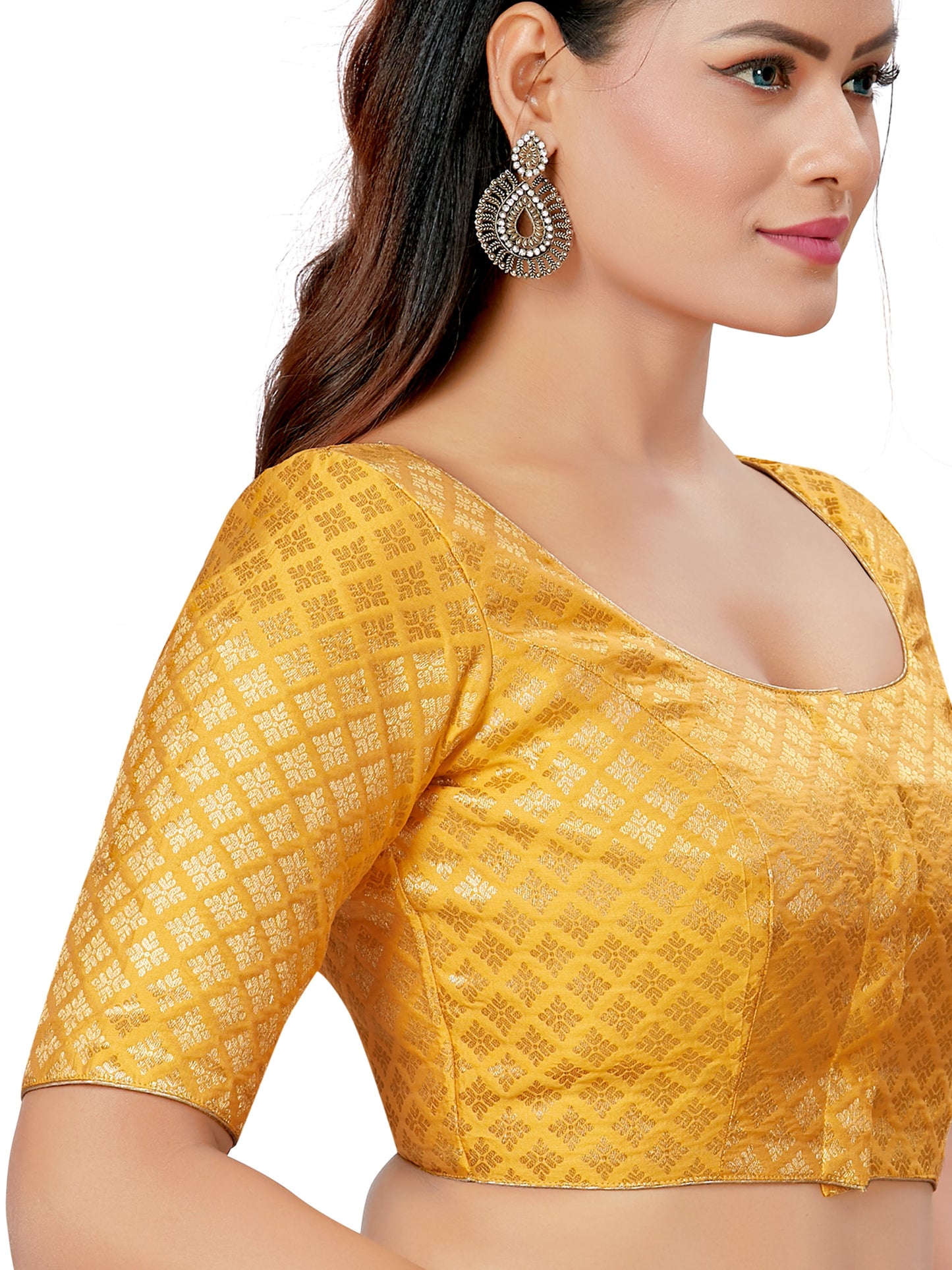 Women's Polyester Brocade Readymade Saree Blouse With Elbow Length Sleeves