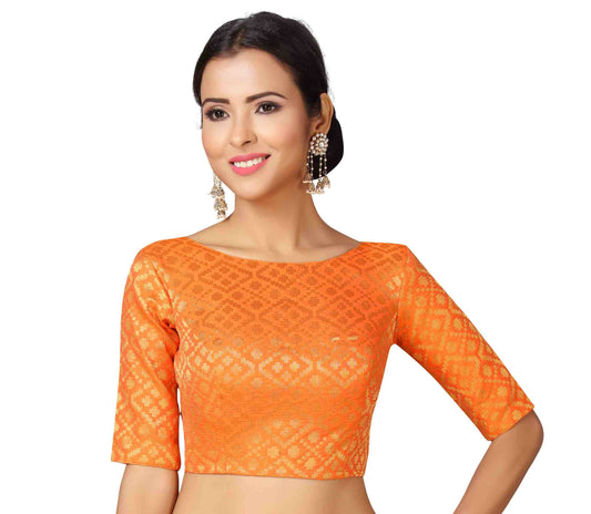 Women Orange Brocade Saree Blouse  (1pc)