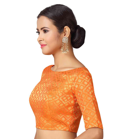 Women Orange Brocade Saree Blouse  (1pc)