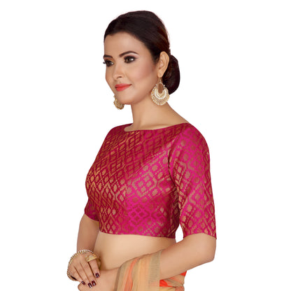 Women Pink Brocade Saree Blouse  (1pc)