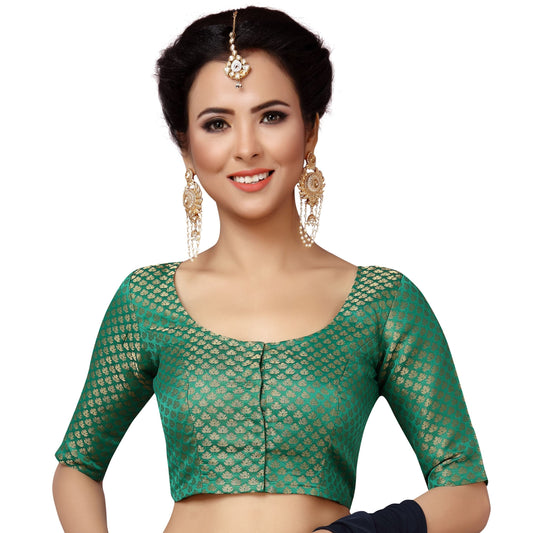 Women's Brocade Green Saree Blouse  - 1 pc