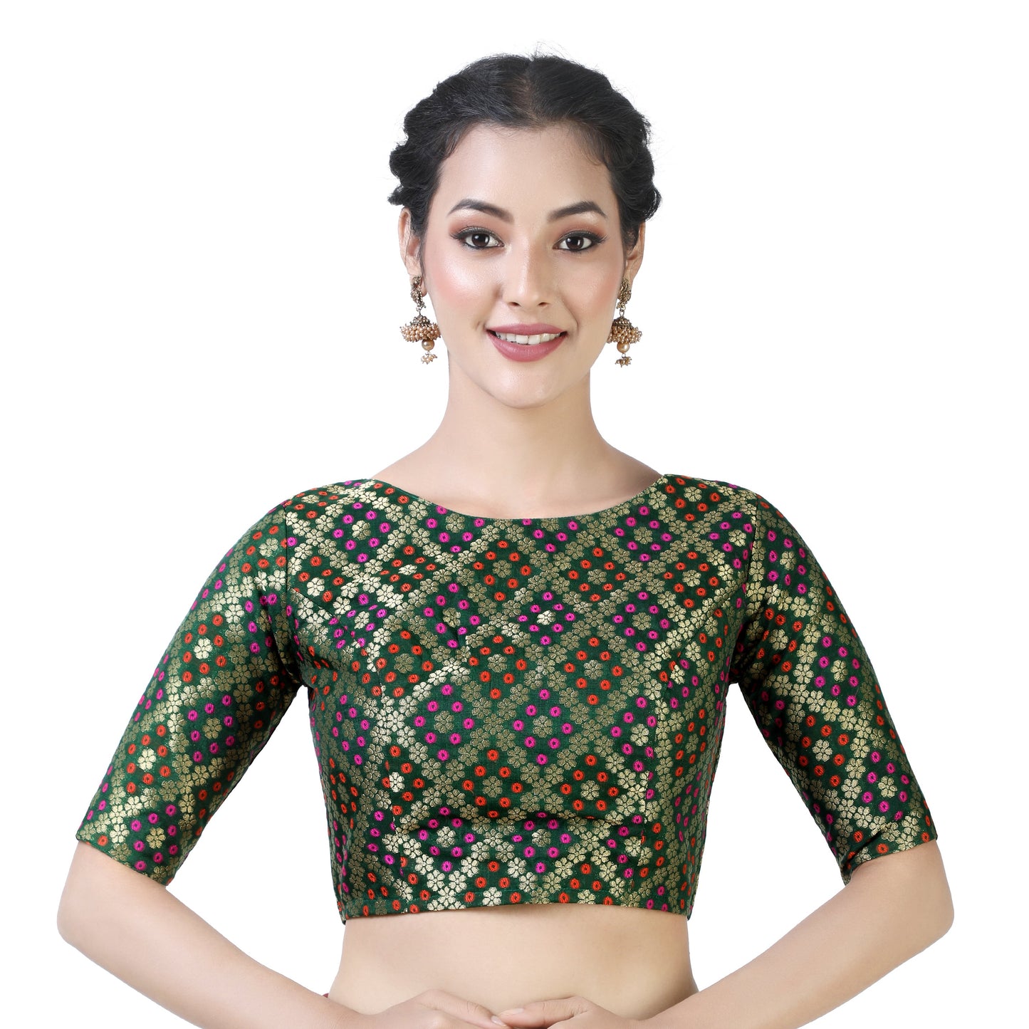 Women Bottle Green Brocade Saree Blouse  (1pc)