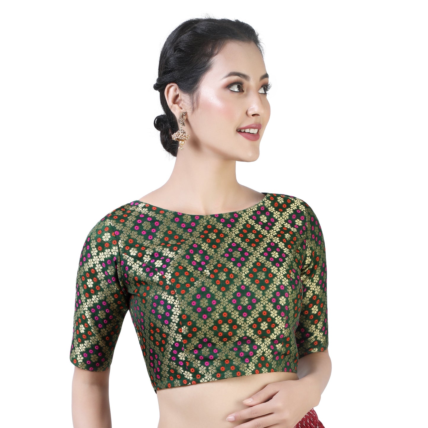 Women Bottle Green Brocade Saree Blouse  (1pc)