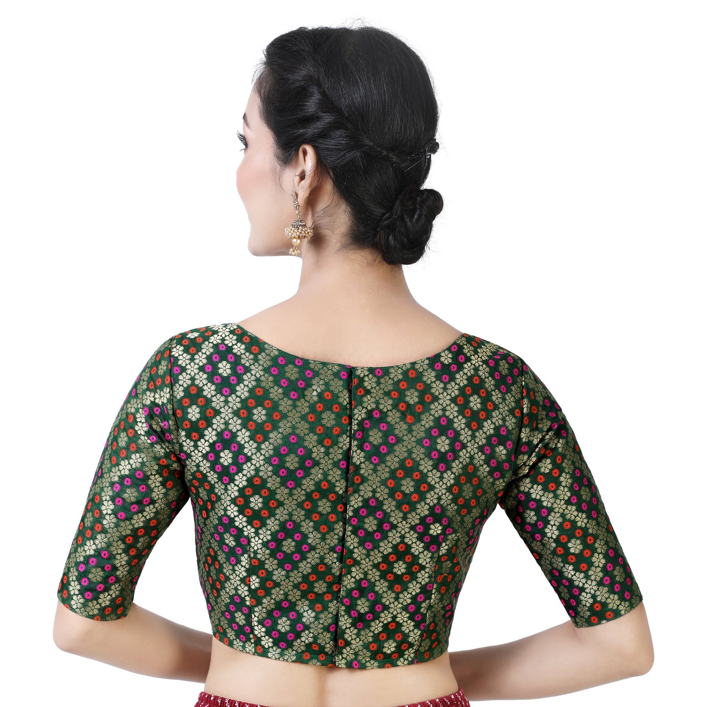 Women Bottle Green Brocade Saree Blouse  (1pc)